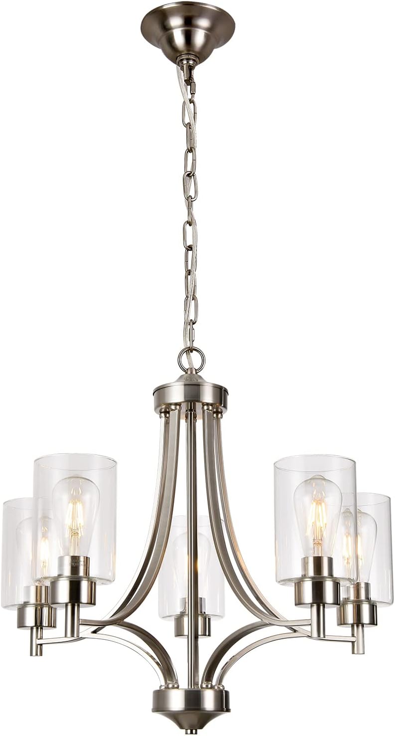 BOZO Moderno candelabro de 5 luces de níquel cepillado para comedor con pantalla de vidrio transparente colgante de techo para cocina pasillo