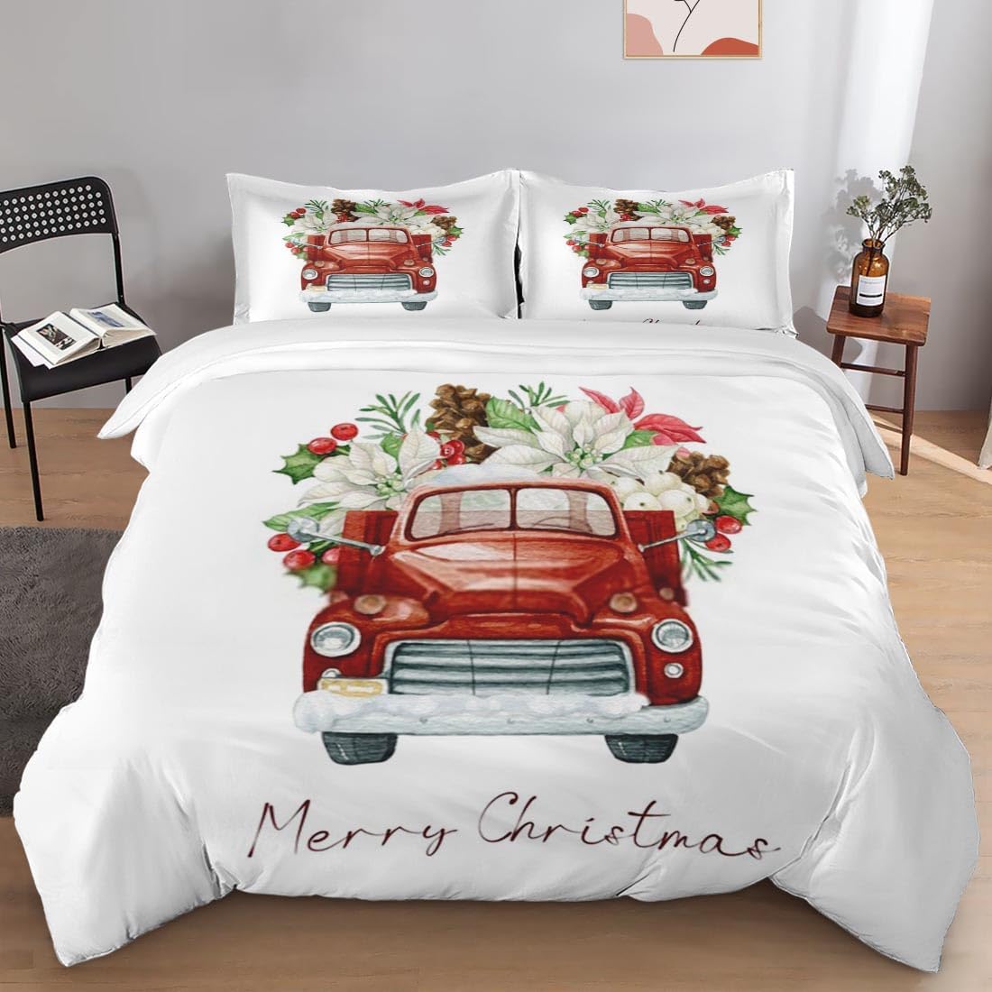 Juego de funda de edredón, juego de ropa de cama de flores rojas de Navidad para niños y adultos, decoración de dormitorio de hojas de pino, juego
