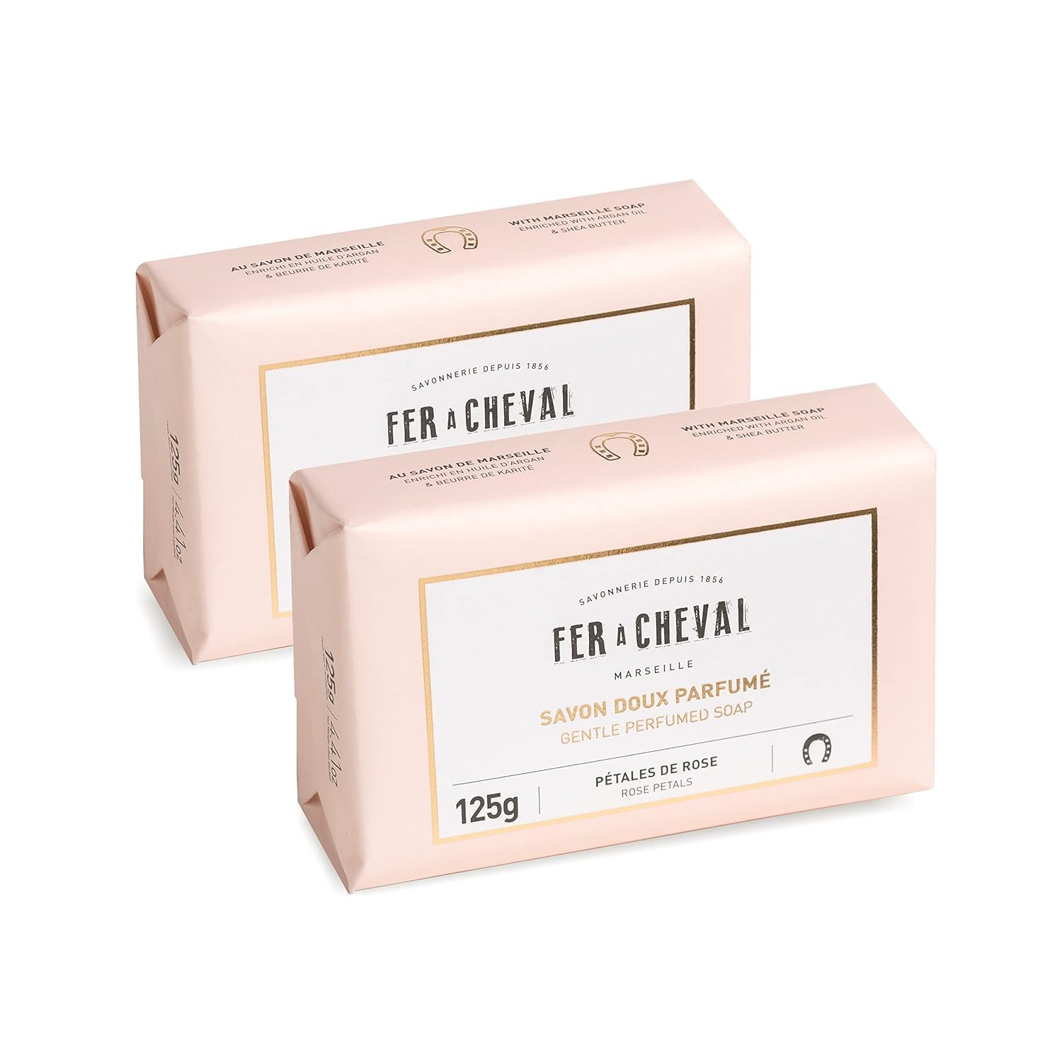 Fer à Cheval – Barra de jabón perfumado con pétalos de rosa, 4.41 oz (paquete de 2)  Suave hidratante natural, aceite de argán y manteca de karité