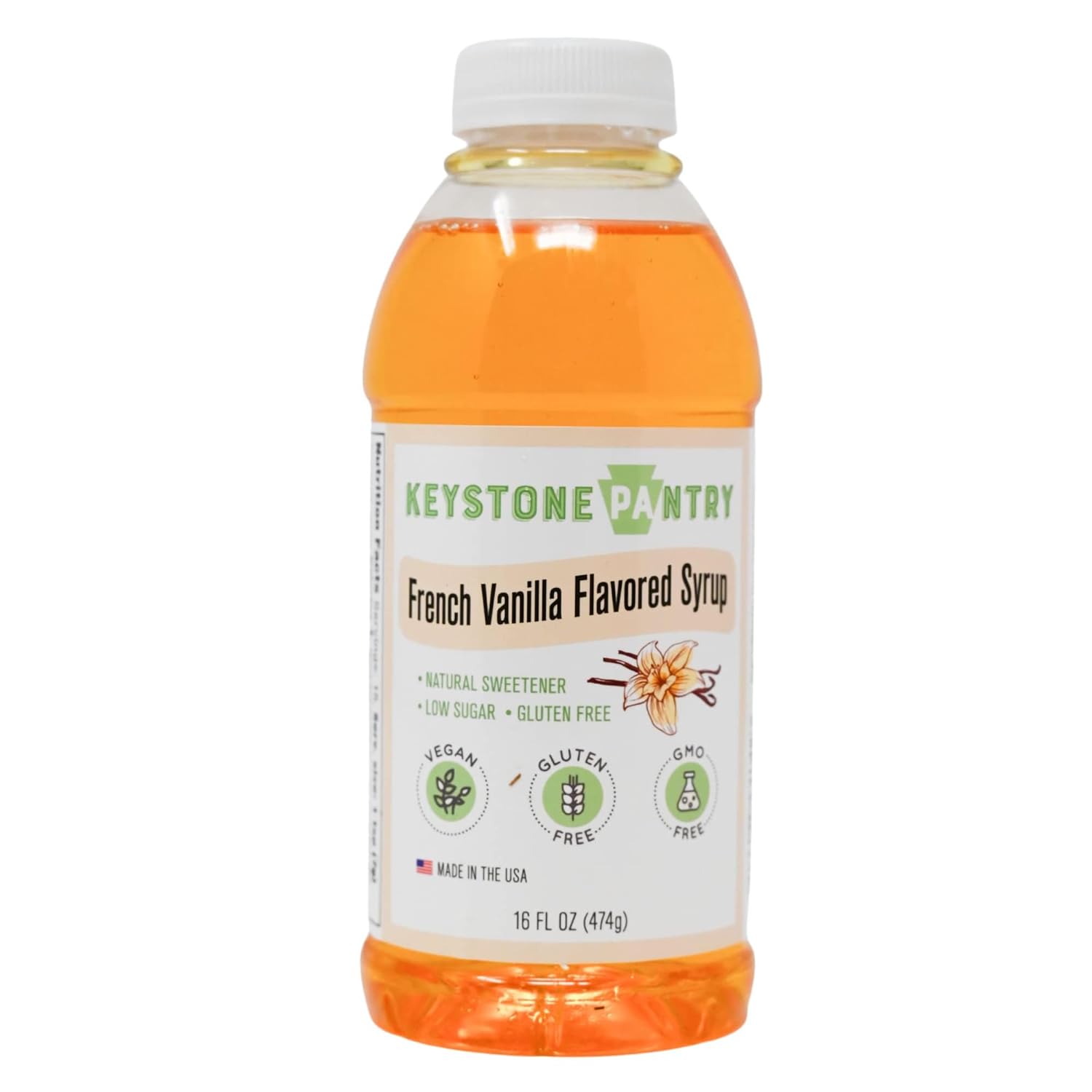 Keystone Pantry Jarabe con sabor a vainilla francesa, botella de 1 pinta de edulcorante natural, bajo en azúcar, sin gluten, vegano, sin OMG, Kosher