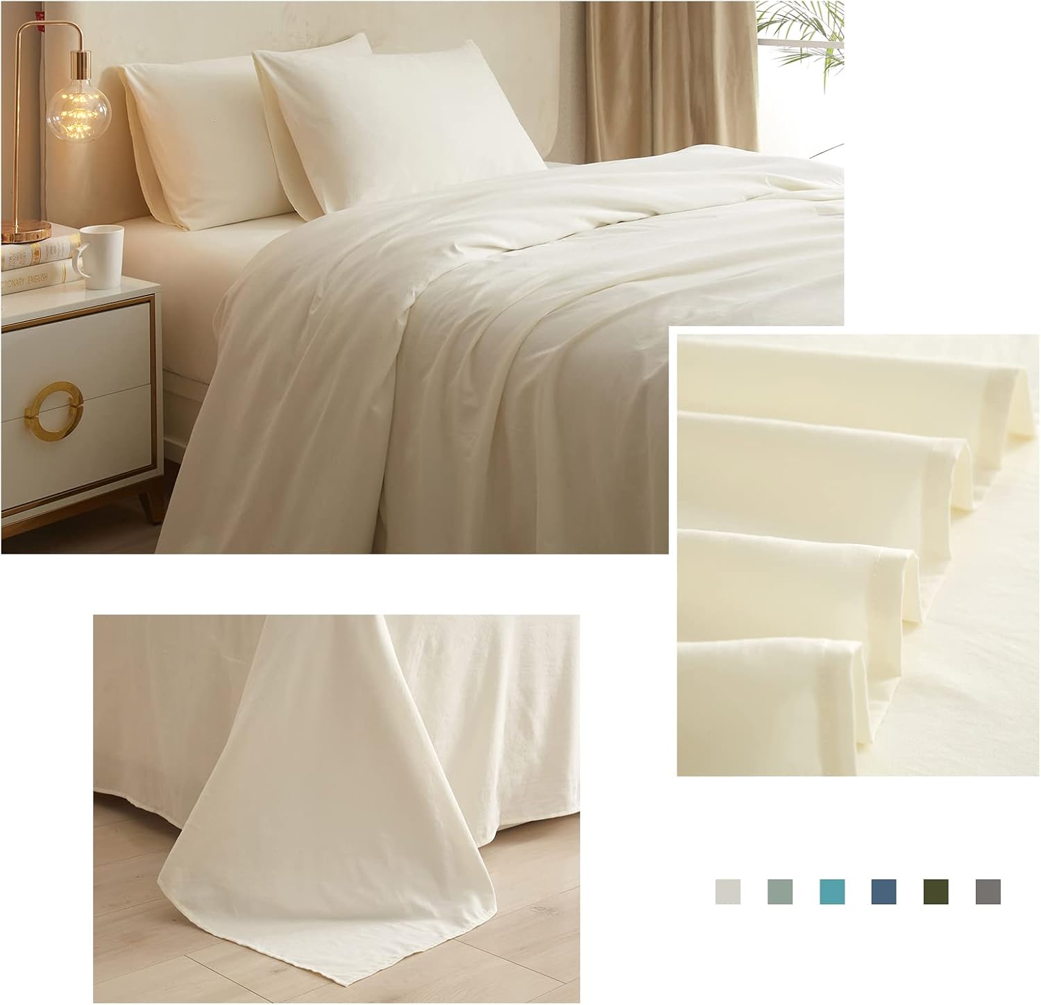 Juego de sábanas refrescantes de 3 piezas de color blanco crema, juego de sábanas y fundas de almohada transpirables, bolsillos profundos de fácil