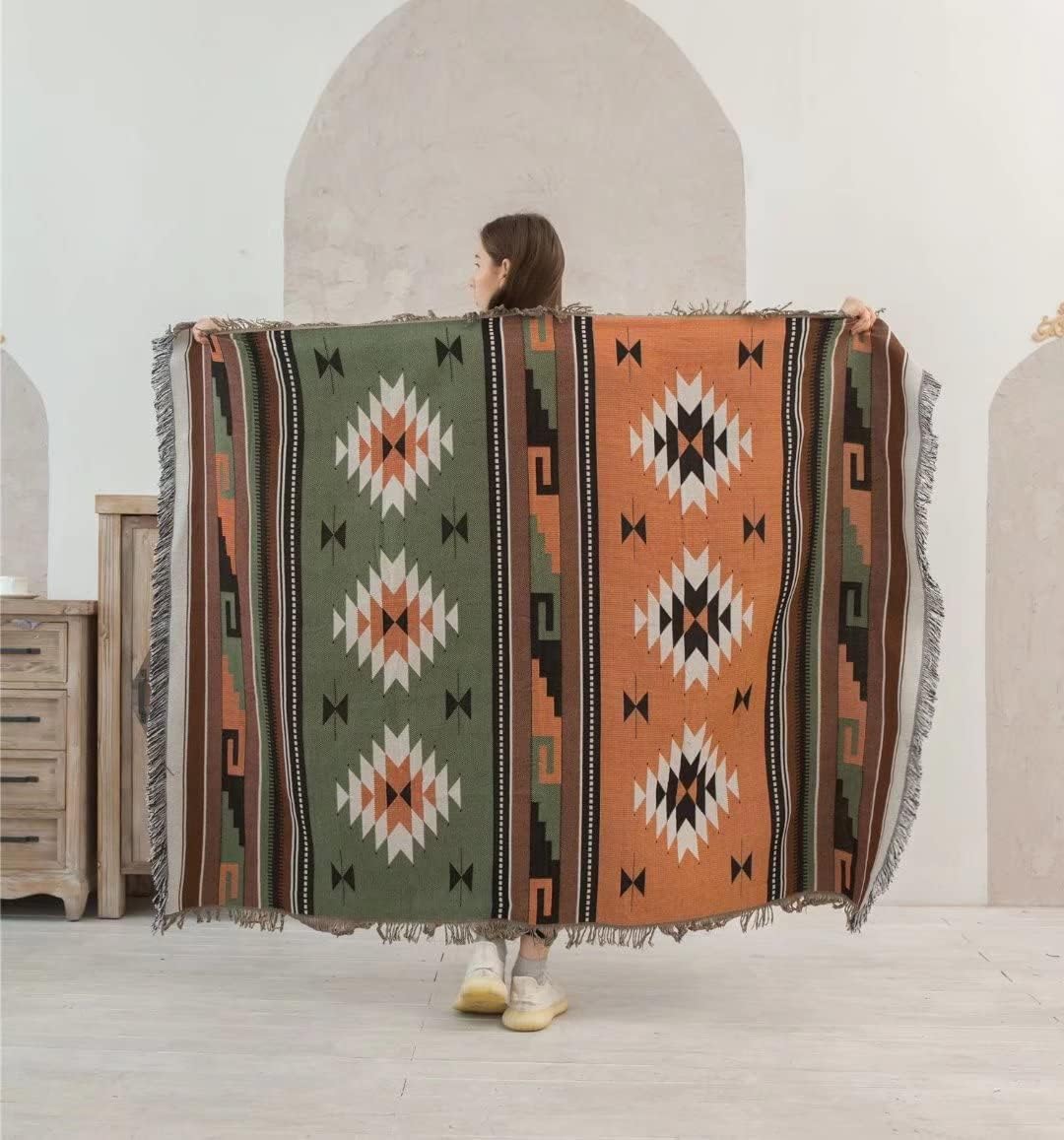 Pretyw Manta azteca del suroeste con borlas, acogedora manta reversible del suroeste navajo multifunción para sofá, silla, sofá, cama, viajes al