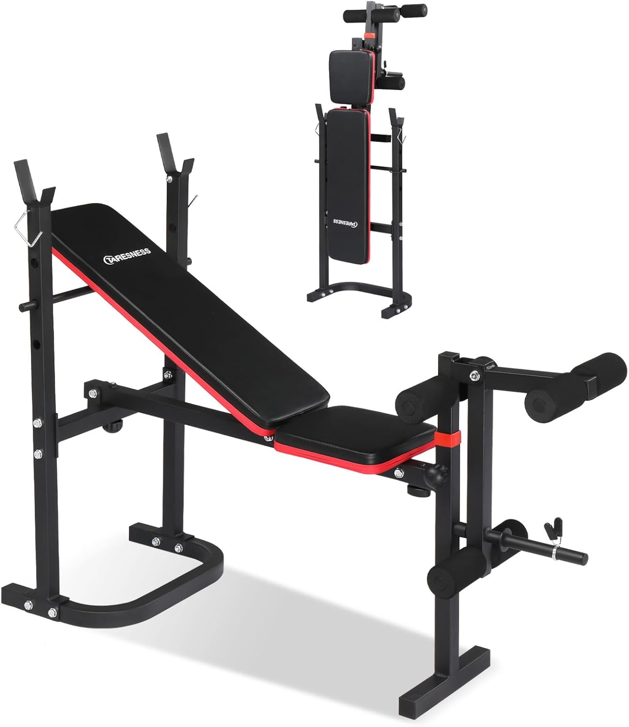Banco de pesas olímpico con banco de entrenamiento ajustable y soporte para pesas y desarrollador de piernas, banco de pesas plegable para gimnasio