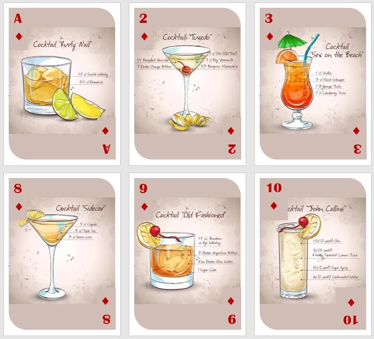 Naipes para beber. Naipes con recetas de cócteles. Naipes de fiesta. Naipes estándar. Cartas de póquer. Cartas de puente.