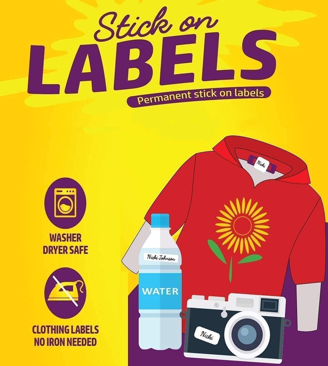 Etiquetas de nombre impermeables personalizadas a presión y pegan con nombre personalizado en etiquetas de la ropa. Etiquetas personalizables con
