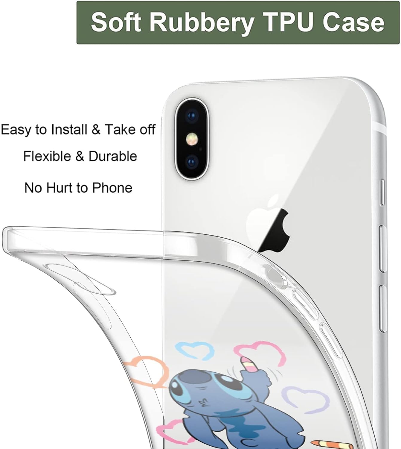 Paquete de 2 Linda funda para Apple iPhone X, funda protectora de TPU suave transparente transparente de personaje Kawaii de dibujos animados para