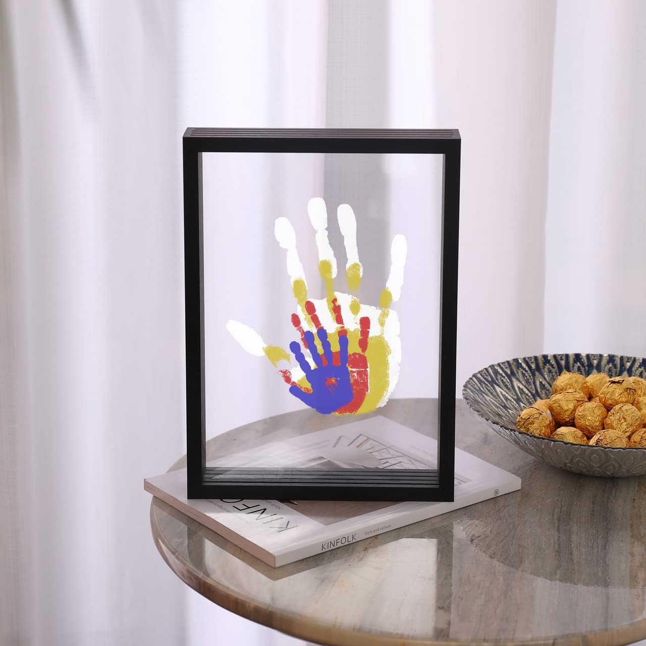Kit de huellas de manos familiares, marco de madera de recuerdo para manualidades, juego de regalo sin fin, pinturas no tóxicas, hojas transparentes
