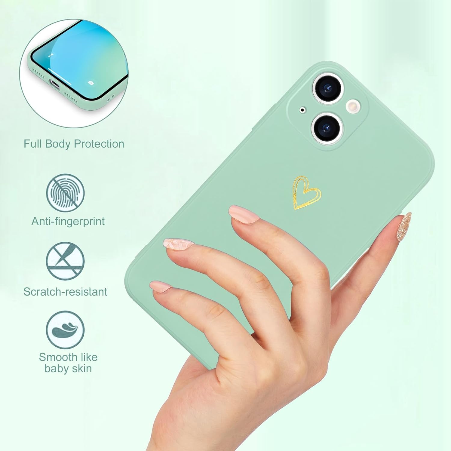 Funda para iPhone 13, bonita funda delgada a prueba de golpes con soporte de carga inalámbrica y protección, verde menta