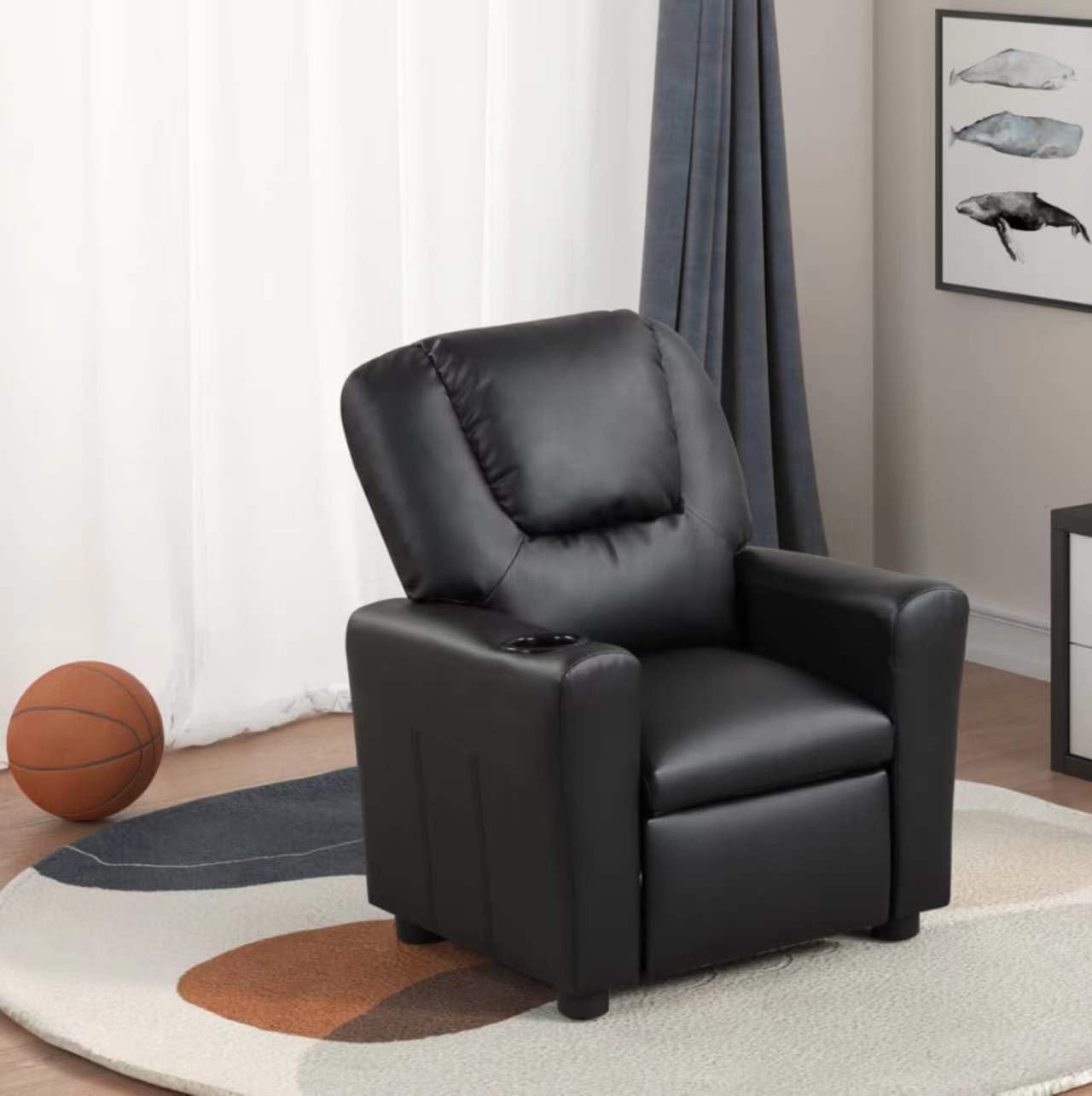 Silla reclinable moderna de piel sintética para niños con soporte para tazas, ajustable 2 en 1, sofá individual para niños y niñas (negro)