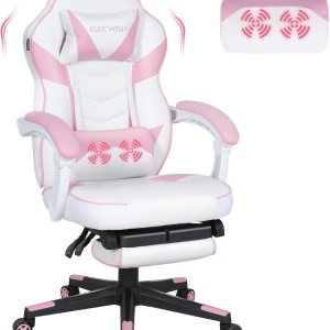 ELECWISH Silla de juegos rosa con masajeador, sillas de juegos de computadora con reposapiés para adultos, piel sintética, respaldo alto, estilo ELECWISH Silla de juegos rosa con masajeador, sillas de juegos de computadora con reposapiés para adultos, piel sintética, respaldo alto, estilo