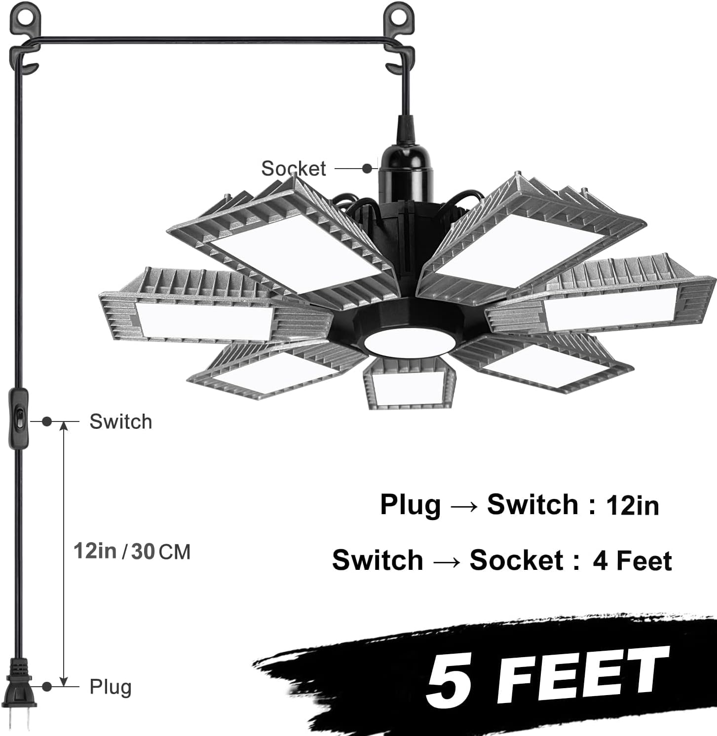 Luz LED de garaje, luz LED ultra brillante de 250 W con 7 paneles ajustables, 25000LM 6500K luces LED de techo de garaje deformables para garaje,