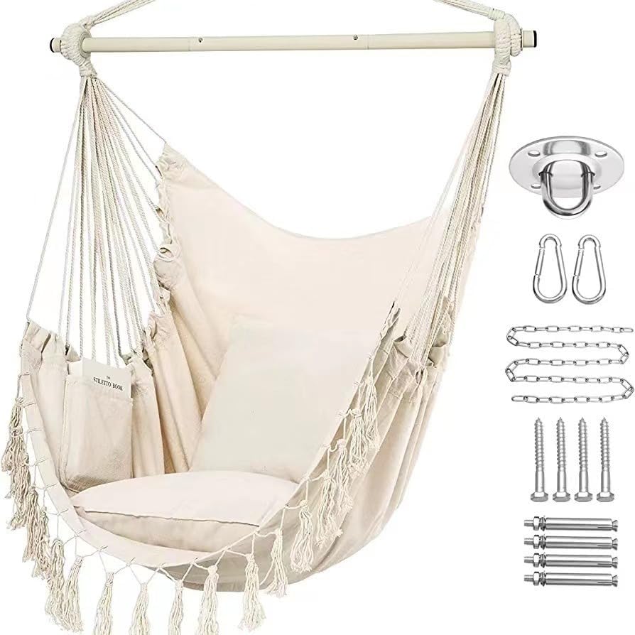 Silla hamaca, silla colgante grande de macramé con columpio de cuerda para colgar, 2 cojines incluidos, máximo 500 libras, tejido de algodón para
