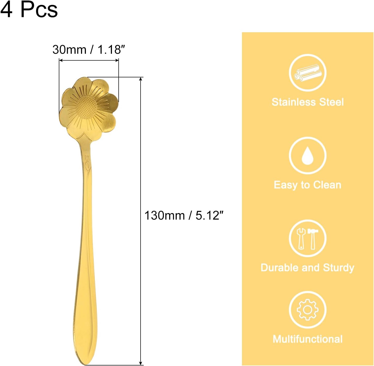 uxcell 4 cucharas de flores de acero inoxidable con forma de flor de sol de 5 pulgadas, cuchara de café pequeña cucharadita de postre para pastel de