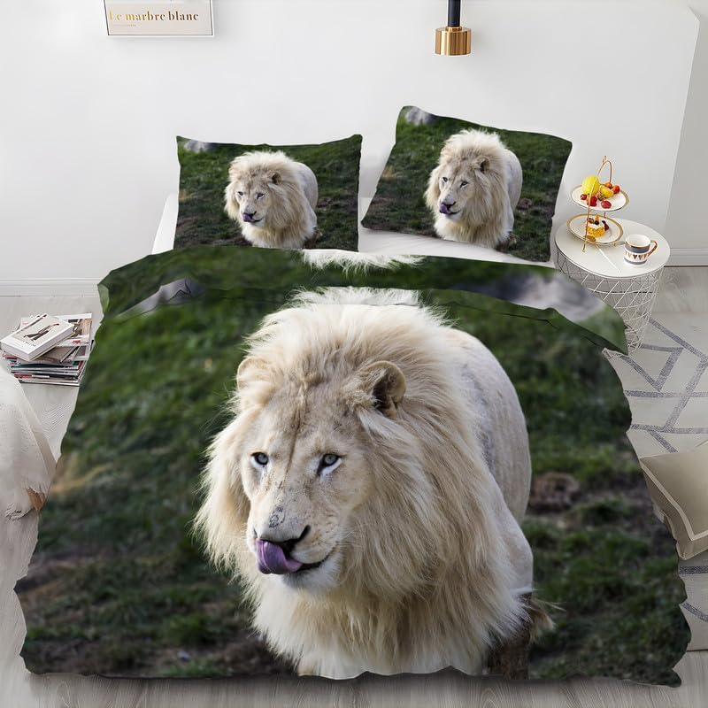 Juego de funda de edredón de microfibra suave con estampado de león, color verde oscuro y 2 fundas de almohada de 20 x 36 pulgadas, juego de cama