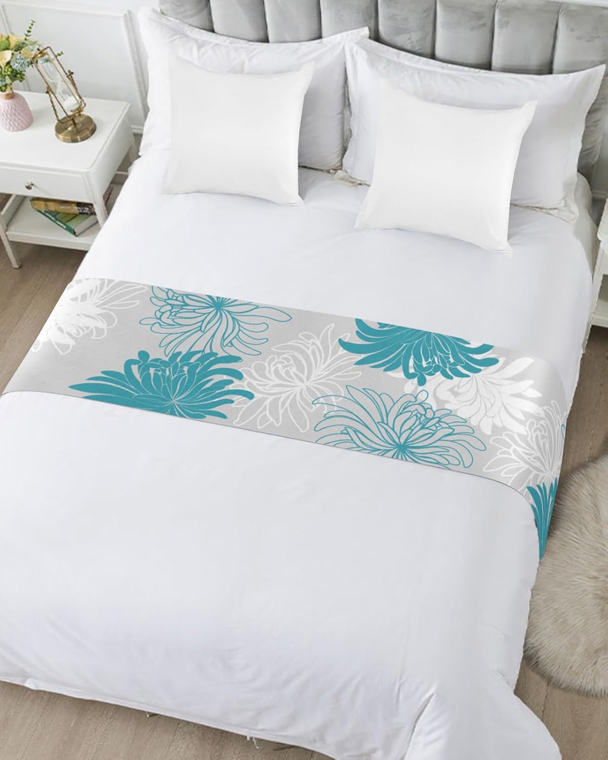 Smile Sunflower Bed Runner Scarf Abstract Chrysanthemum Floral Bedding Scarf Decorative Bed Runners Cover for Home Bedroom Hotel Wedding Room Bed