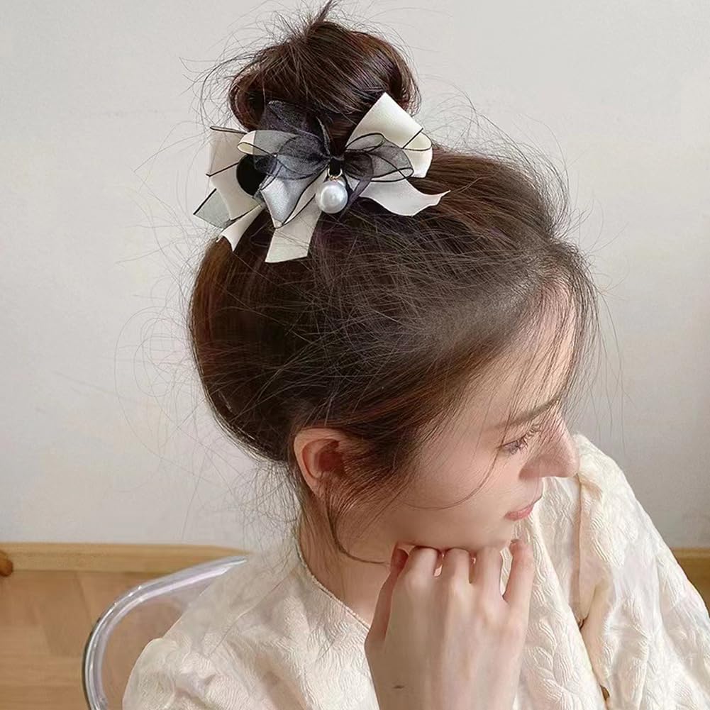 4 pinzas para el cabello con lazo y perlas, cinta blanca y negra, con lazo, pinzas para el cabello, accesorios para la cabeza para mujeres y niñas