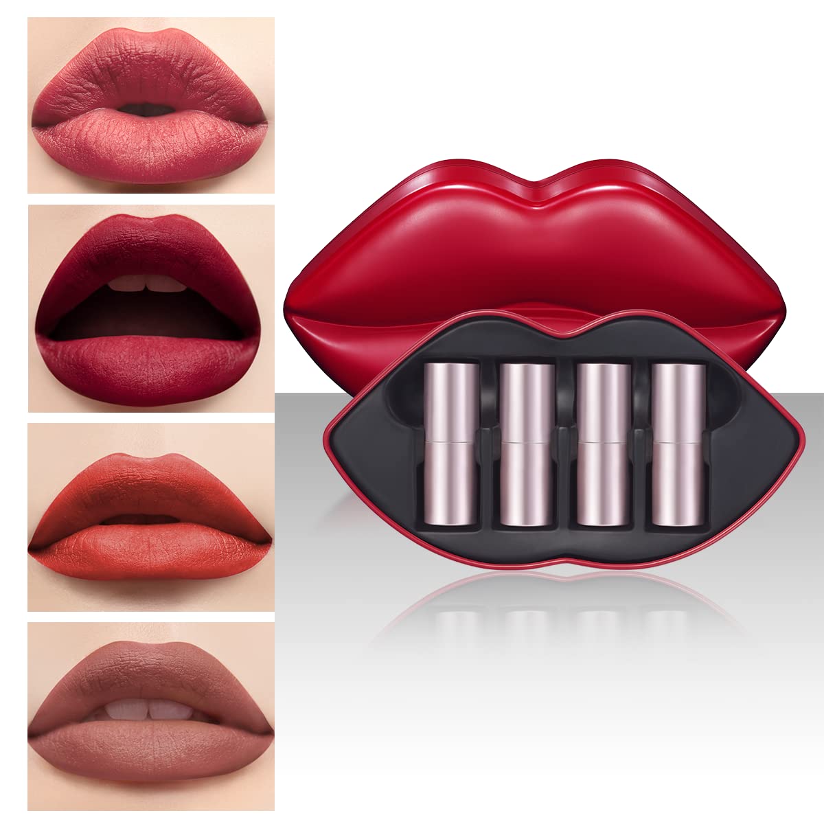 4 pintalabios lustrosos, caja de regalo de labios rojos, acabado crema, lápiz labial hidratante de larga duración, no pegajoso para mujeres