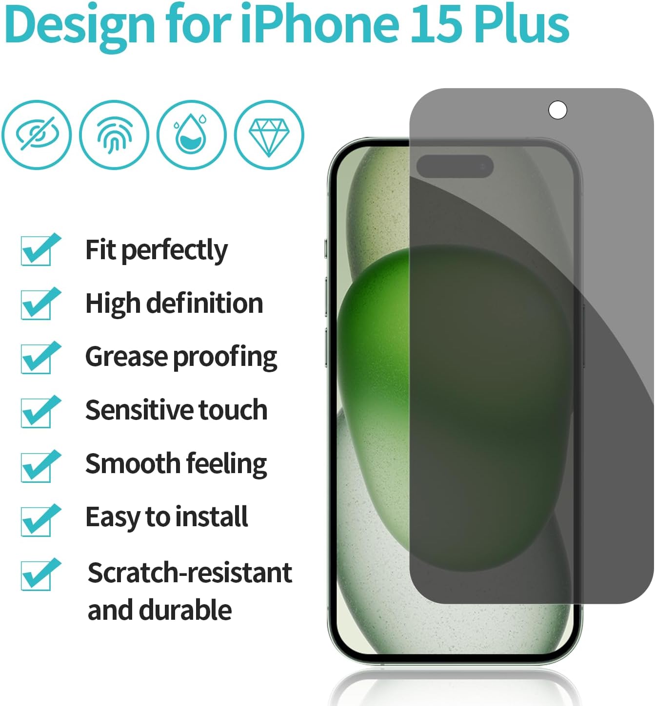 Pehael Paquete de 2+2 Protector de pantalla de privacidad para iPhone 15 Plus con protector de lente de cámara, cobertura completa, película de