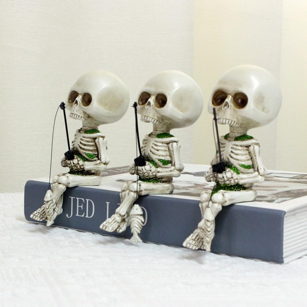 2 adornos de esqueletos de pesca para jardinería, estatua de esqueleto de pesca, figuras de resina, figuras de Halloween, estatuas de calavera de