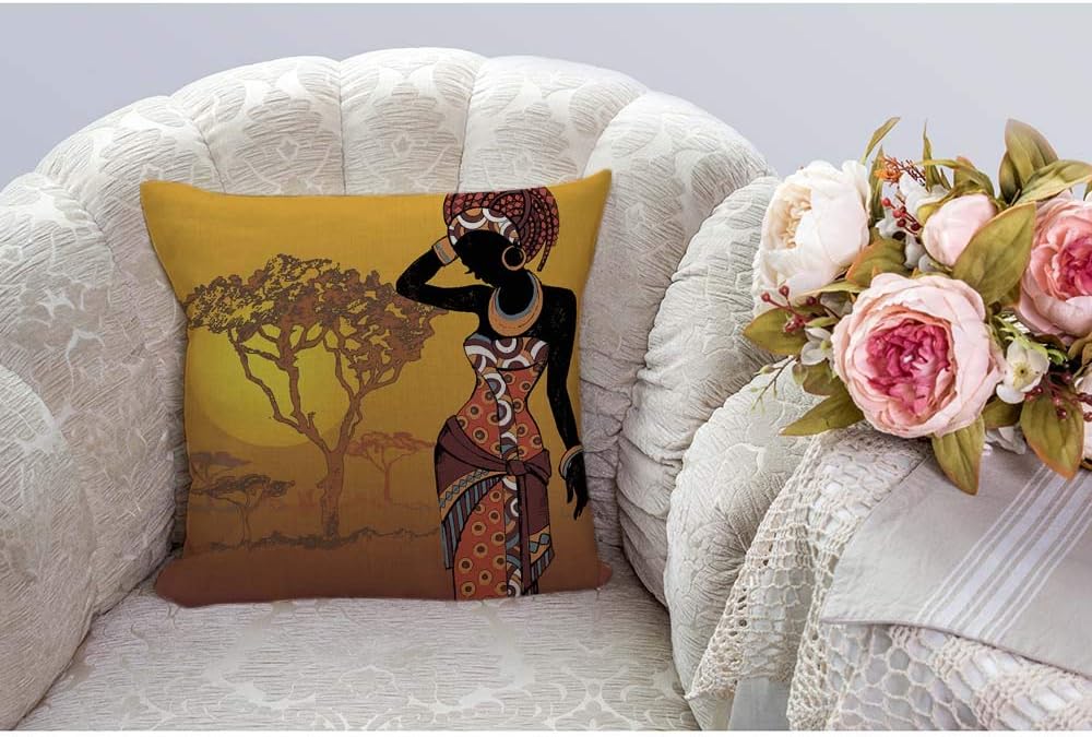 HGOD DESIGNS Fundas de almohada para mujeres africanas, diseño de mujer africana en la puesta de sol, funda de cojín decorativa de lino y algodón,