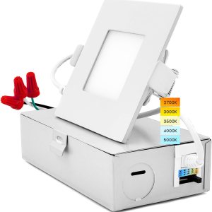 LUXRITE Luz empotrable LED cuadrada ultrafina de 3 pulgadas con caja de conexiones, 8 W, CCT seleccionable por color 2700 K  3000 K  3500 K  4000 K LUXRITE Luz empotrable LED cuadrada ultrafina de 3 pulgadas con caja de conexiones, 8 W, CCT seleccionable por color 2700 K  3000 K  3500 K  4000 K