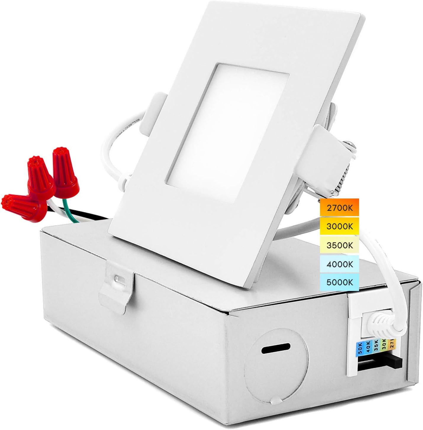 LUXRITE Luz empotrable LED cuadrada ultrafina de 3 pulgadas con caja de conexiones, 8 W, CCT seleccionable por color 2700 K  3000 K  3500 K  4000 K