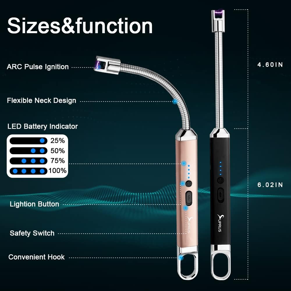 SUPRUS Encendedor USB recargable de arco eléctrico con interruptor de seguridad, cuello flexible de 360, parrilla sin llama, encendedores largos