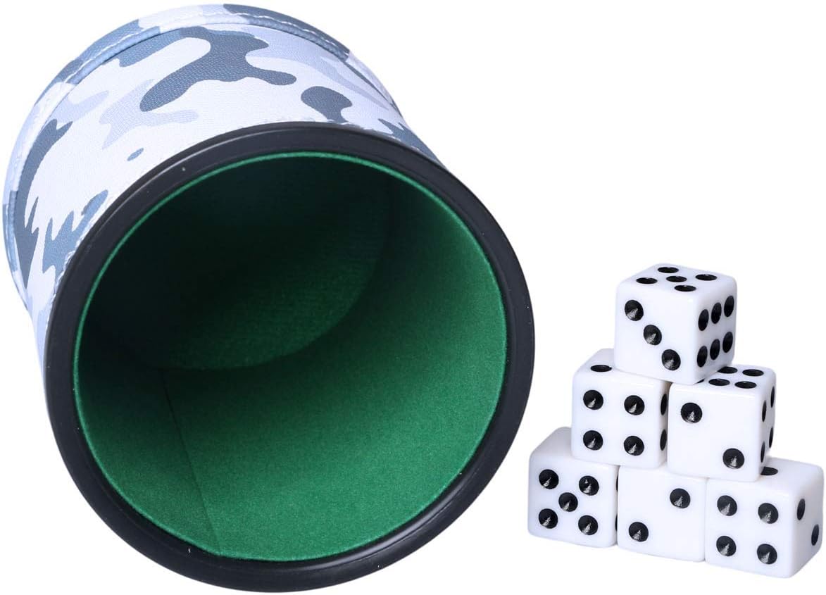 RERIVER Taza de dados de piel sintética con 6 dados, agitador silencioso interior forrado de fieltro para mentirosos dados, FarkleYahtzee, patrones