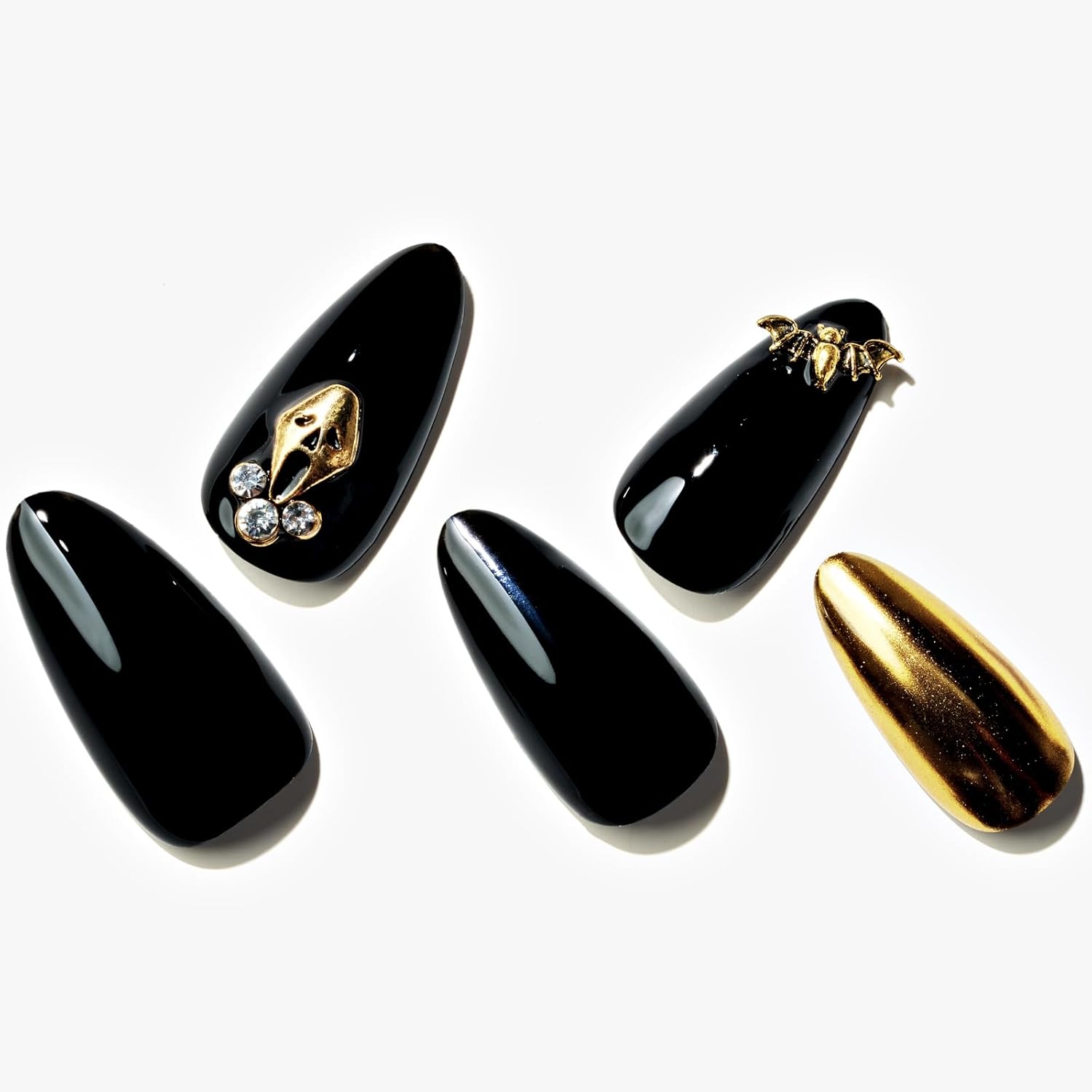 GLAMERMAID Uñas postizas a presión de Halloween, hechas a mano, uñas postizas cortas de almendra, uñas góticas emo con diseño de calavera, uñas