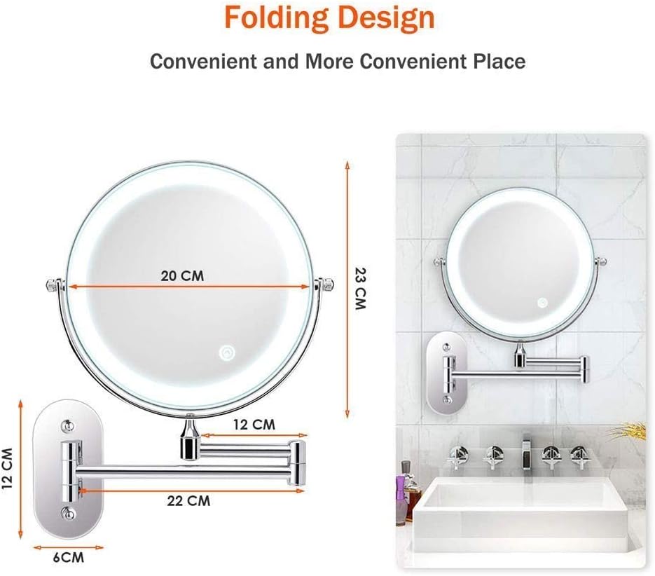 RomildaYuan 8 inches Wall Mounted Makeup Mirror LED Touch Screen Adjustable Light Double Sided 1X10X Magnifying Vanity Mirror Swivel Extendable