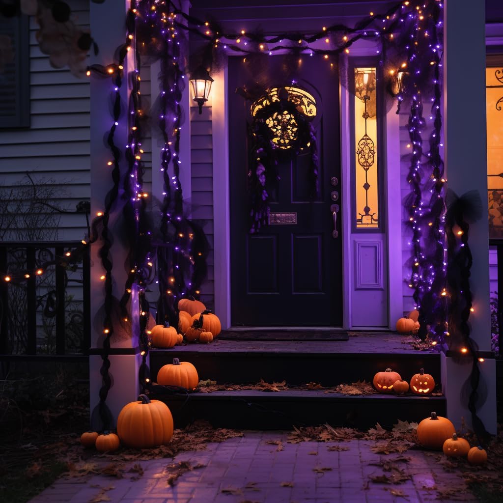 Pequeñas luces espeluznantes para jardín, mini tira de luces solares de Halloween para jardín, cable de cobre negro, luces naranjas y moradas, 15