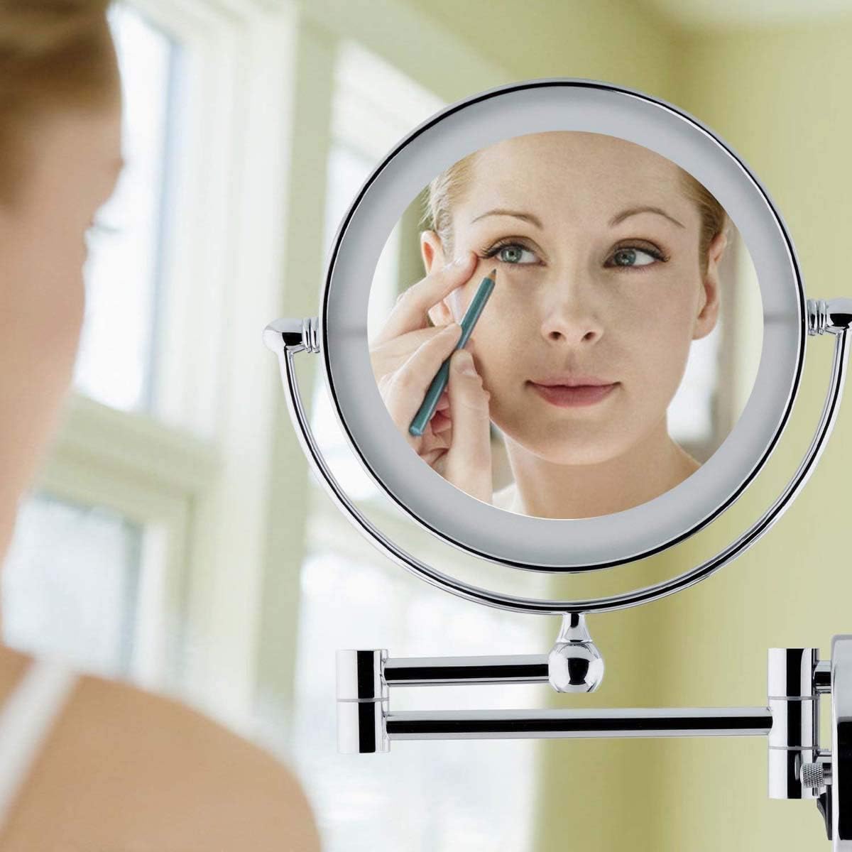 Wall Mounted Lighted Vanity Mirror 8 Inch 1X10X Magnifying Makeup Mirror Bathroom Magnifying Mirror Double Sided Swivel, Shaving Mirror Chrome