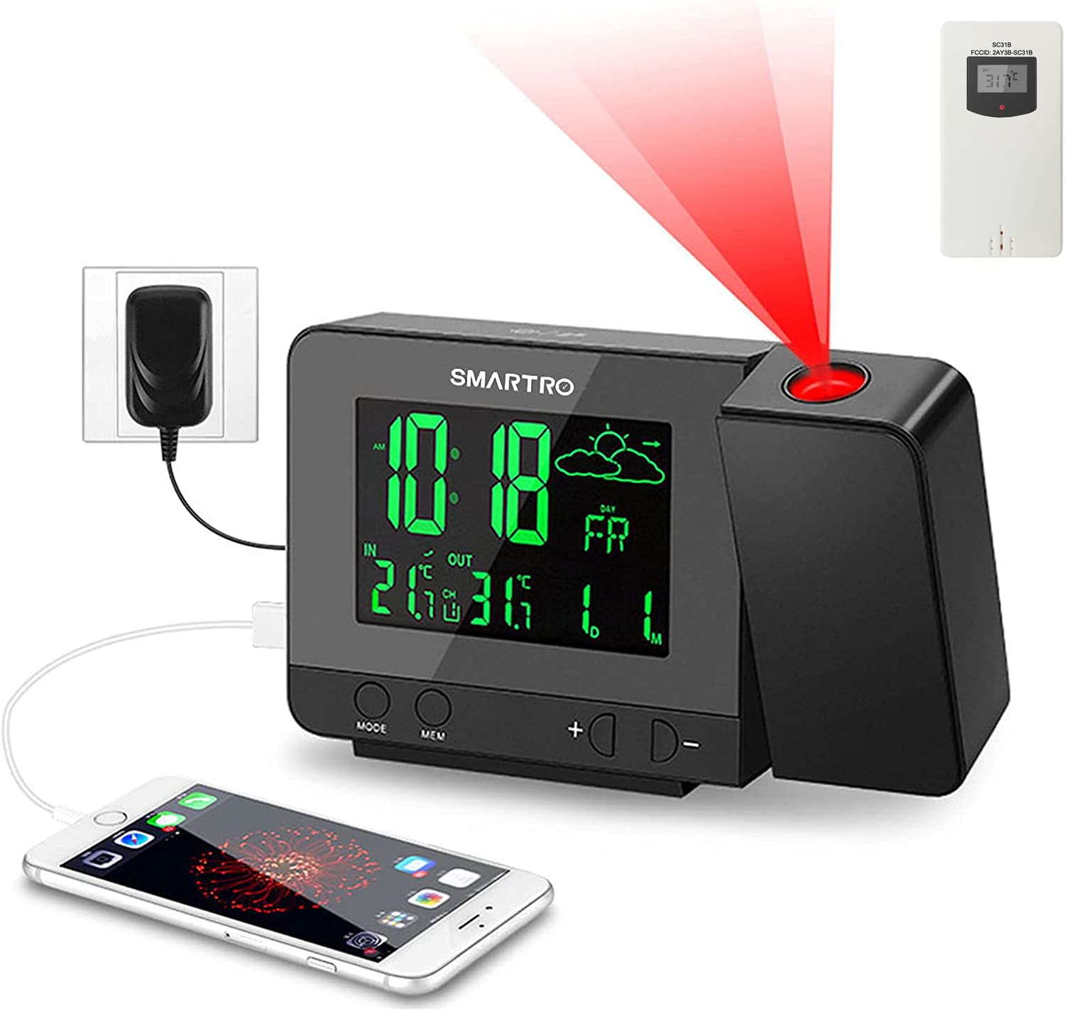 SMARTRO Sensor remoto inalámbrico para interior y exterior termómetro reemplazo para reloj de proyección SC31B