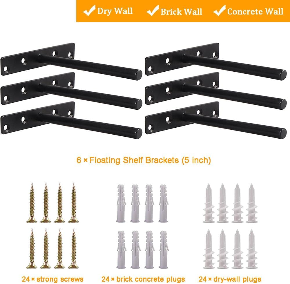 Soportes flotantes para estantes ciegos de 5 pulgadas, soportes de pared resistentes para bricolaje, soporte oculto de acero sólido negro mate con