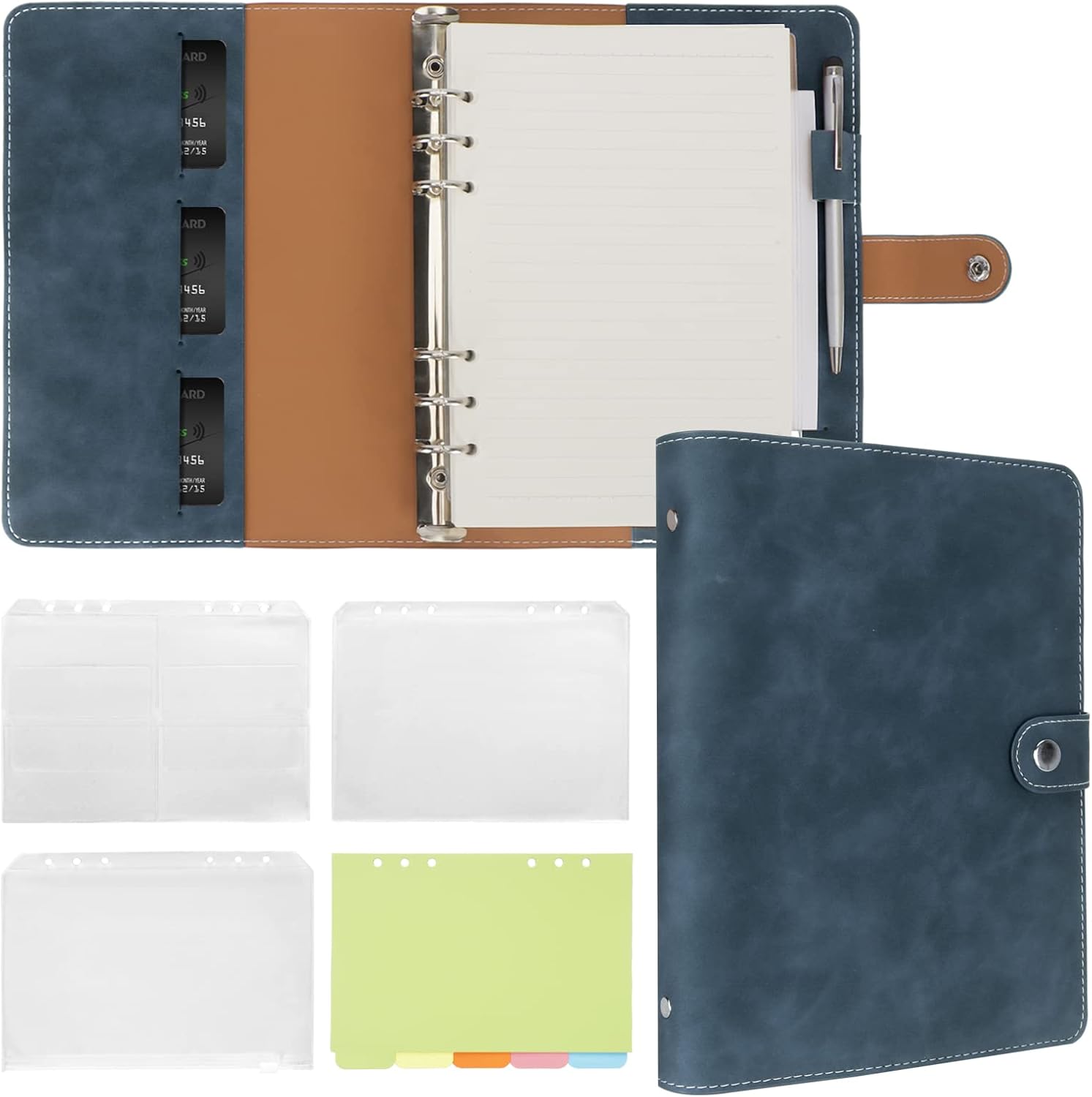 GoodSing Cuaderno de cuero con anillas A5, carpeta A5 de 6 anillos con papeles de repuesto A5, bolsillos para carpetas y separadores de temas, hoja