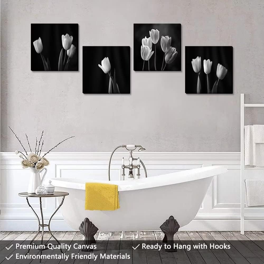 Wall HDQ Decoración de pared en lienzo blanco y negro con tulipanes, arte de pared con flores, sala de estar, dormitorio, baño, decoración del