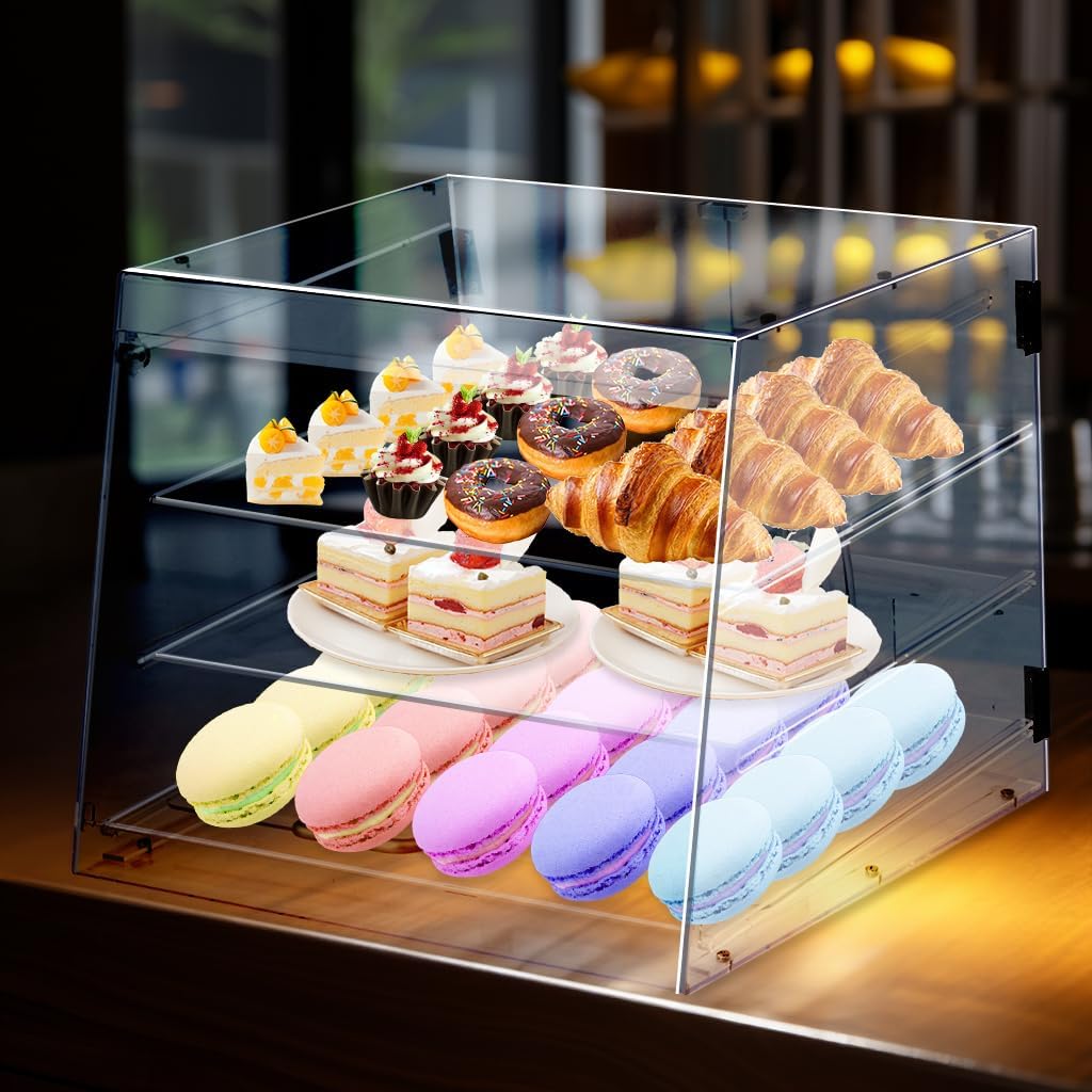 vitrina de pastelería de 3 niveles, vitrina de panadería extraíble con pinza para pan, vitrina de galletas de encimera comercial, acceso a la puerta