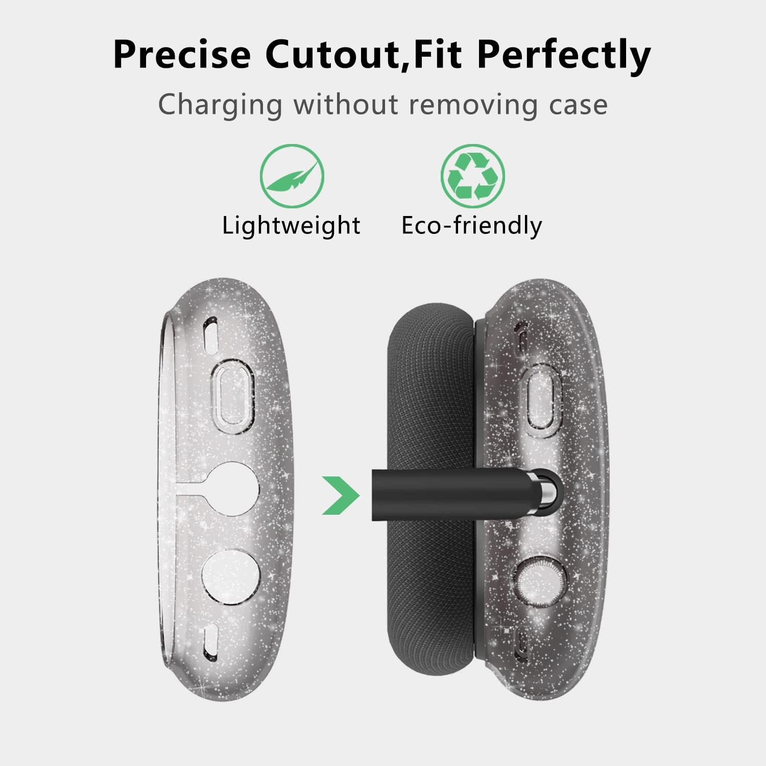 Aircawin Funda para AirPods Max, funda transparente con purpurina negra, funda transparente para Airpods Max, funda protectora de TPU suave,