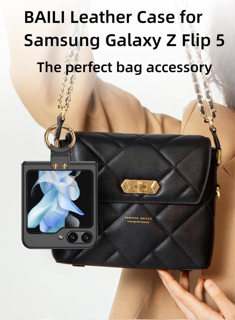 BAILI Funda de piel para Samsung Galaxy Z Flip5, Galaxy Z Flip 5 con anillo y película protectora de pantalla pequeña integrada, funda protectora