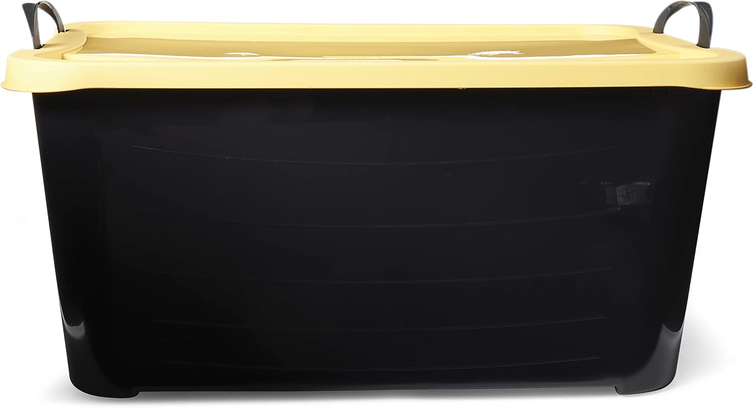 Life Story – Contenedor apilable de plástico de 55 cuartos de galón con tapa y asas para organización de cochera en el hogar, color negro y amarillo