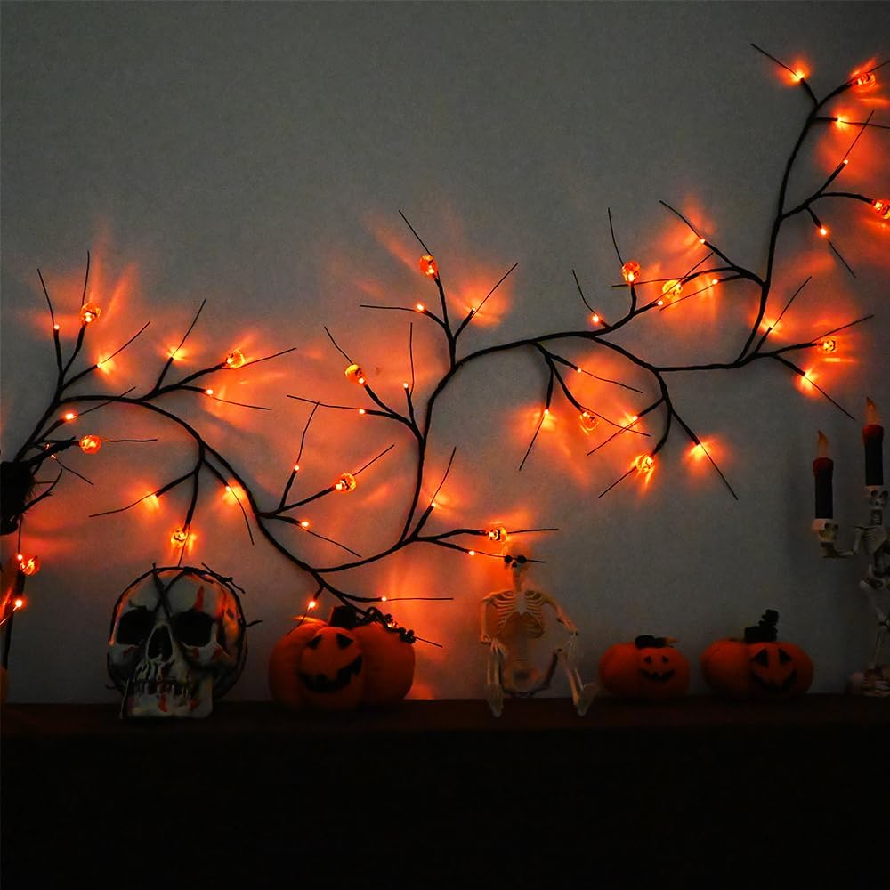PALONMY Luces de decoración de Halloween de 6.5 pies, 54 luces LED de sauce con temporizador, guirnalda de luces que funcionan con pilas, 18