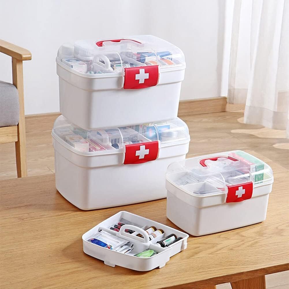 Caja médica, Caja vacía transparente de primeros auxilios con mango portátil, caja de almacenamiento de doble capa caja de píldoras de plástico