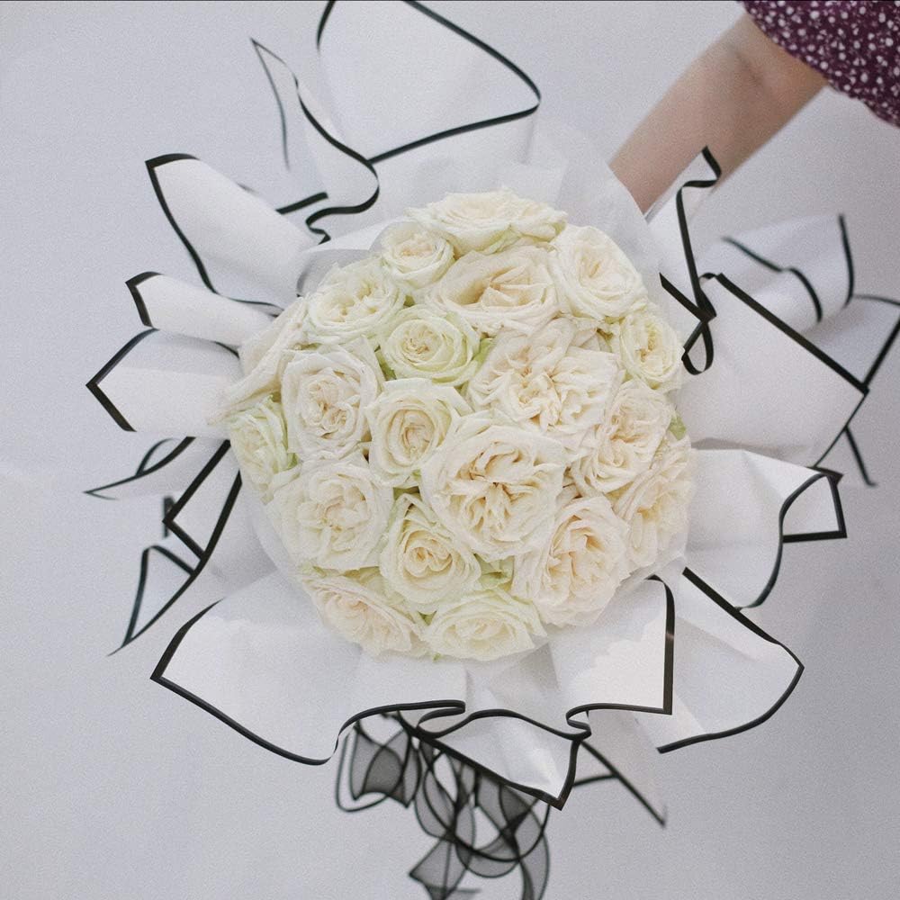 BBJ WRAPS Papel de regalo de flores coreanas, marco blanco y negro mate para suministros de floristería, 23.6 x 23.6 pulgadas, 20 hojas