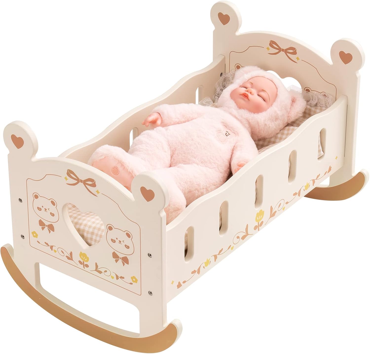 ROBOTIME Cuna de muñeca – Cuna de madera para muñecas  Cama de muñeca  Accesorios para muebles de muñeca  Cuna mecedora para muñecas con ropa de