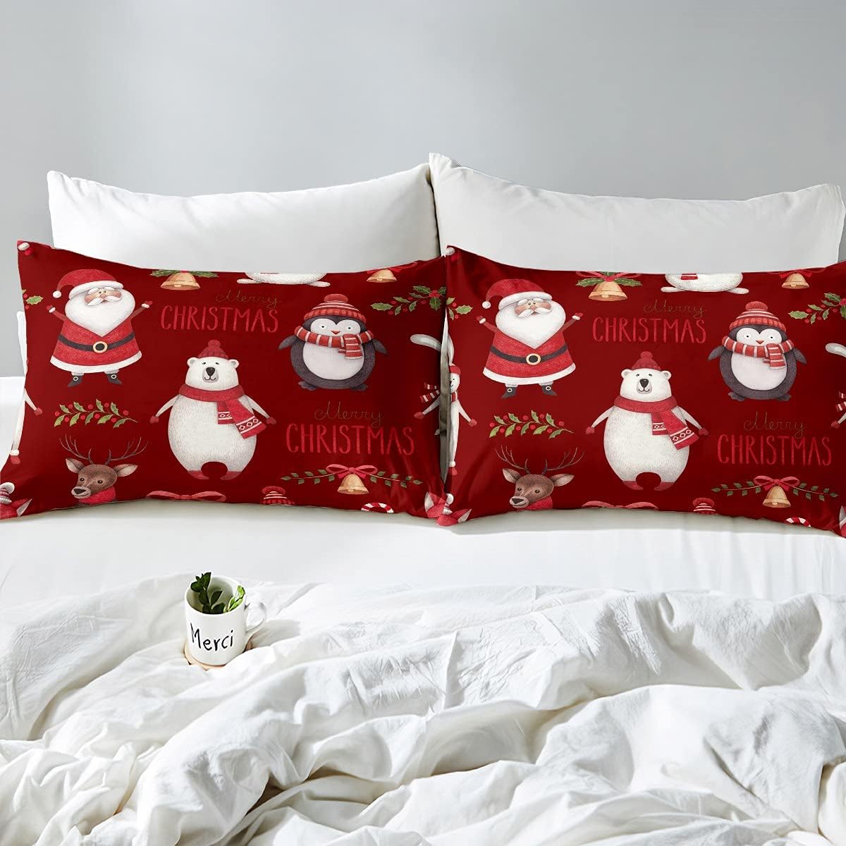 Erosebridal Juego de edredón de dibujos animados con ciervos y ciervos, juego de ropa de cama para niños, pingüino, muñeco de nieve, plumón de