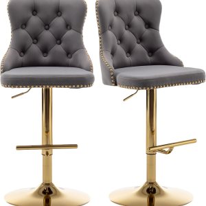Juego de 2 taburetes de bar de terciopelo, taburetes de bar de altura de mostrador con borde de botón y cabezas de clavos, taburetes de bar Juego de 2 taburetes de bar de terciopelo, taburetes de bar de altura de mostrador con borde de botón y cabezas de clavos, taburetes de bar