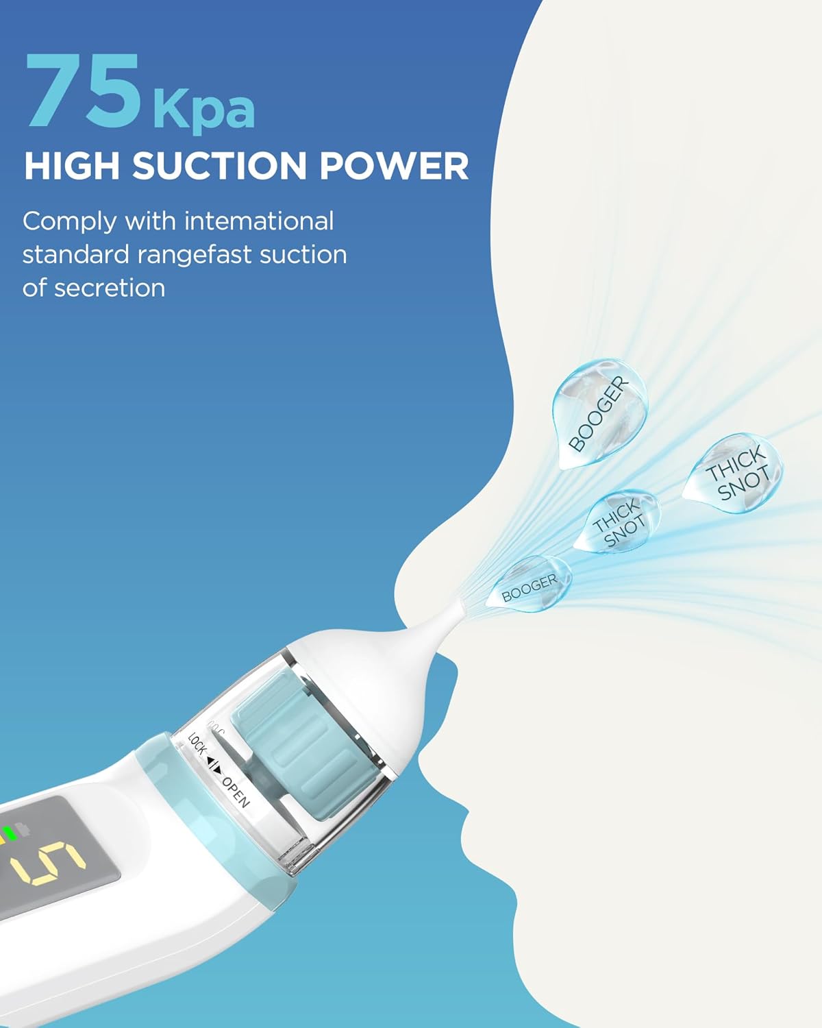 Aspirador nasal para bebé, recargable eléctrico con 3 puntas de silicona y música, luz colorida, limpia automáticamente la nariz del bebé, azul