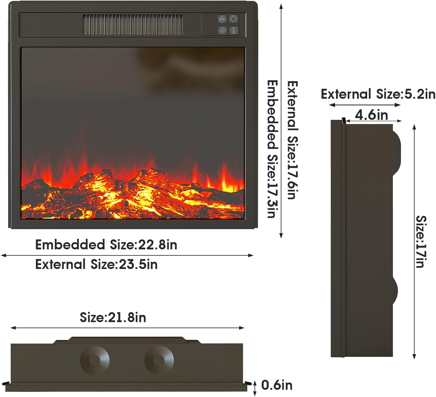 Inserto de chimenea eléctrica de 23 pulgadas, calentador de chimenea empotrado con bajo ruido, control remoto con temporizador, pantalla táctil,