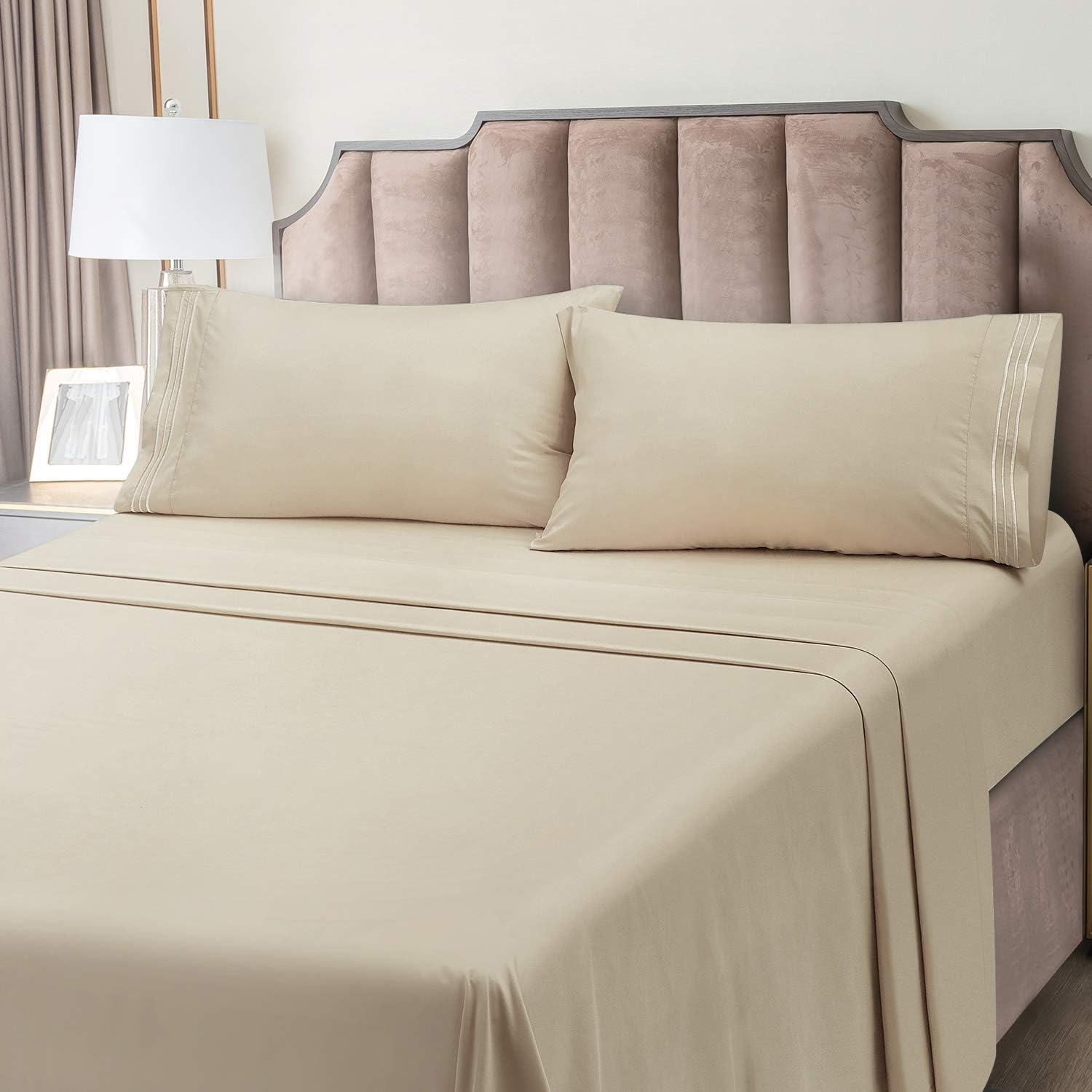 BYSURE Juego de sábanas de hotel con 2 fundas de almohada bordadas (tamaño matrimonial, crema), sábanas de microfibra de bolsillo profundo de 15