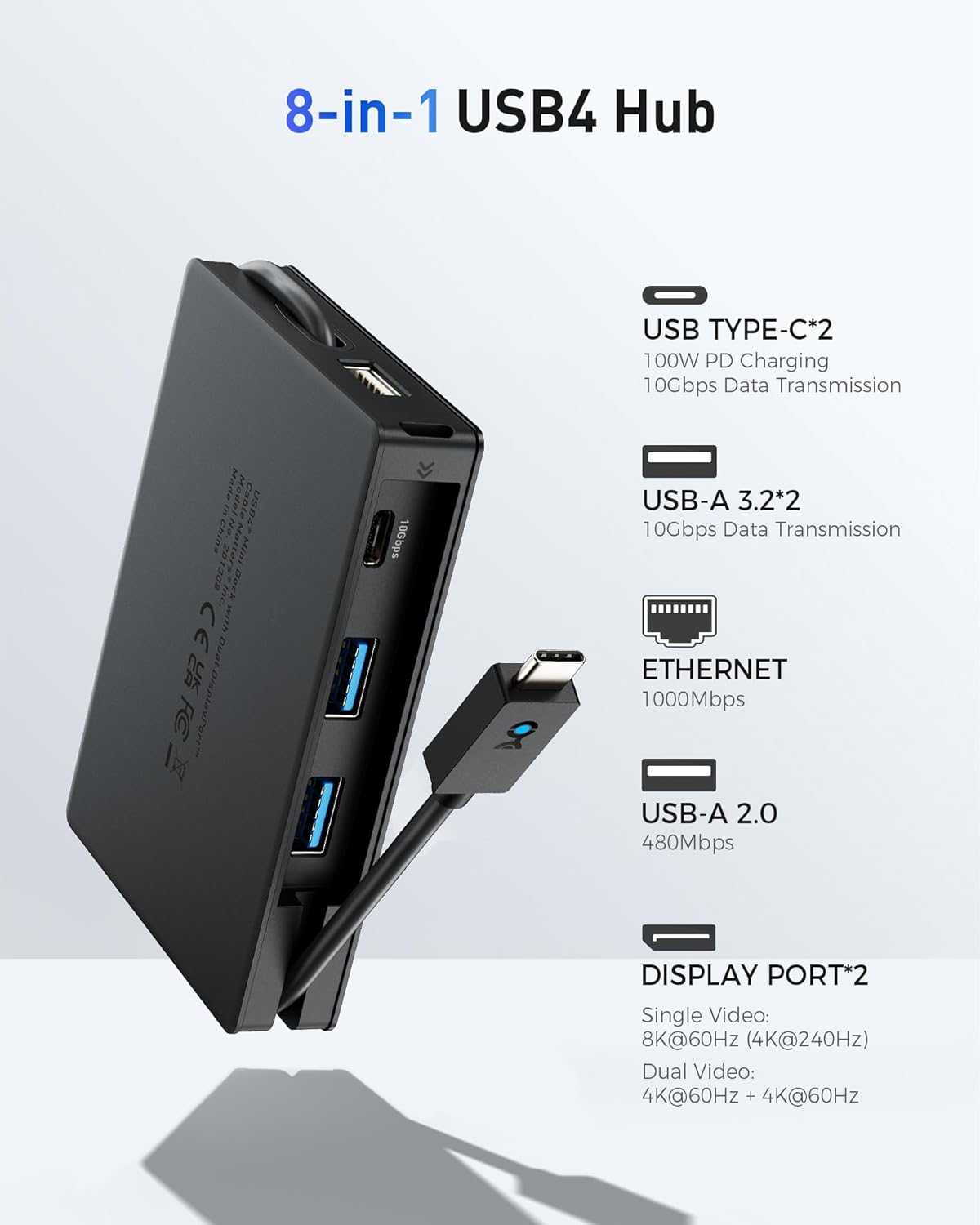 Cable Matters Hub USB 4 portátil 8 en 1 de 40 Gbps (base USB 4) Dual DisplayPort 4K60Hz, DP único 4K a 240 Hz8K a 60 Hz, 100 W PD, Gigabit Ethernet,